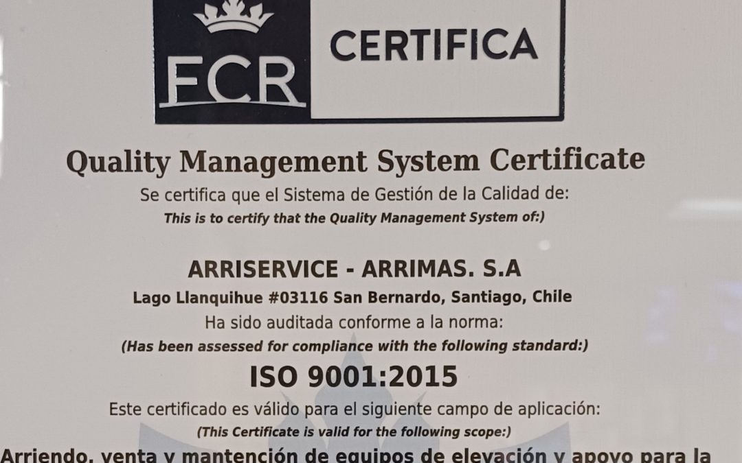 ARRISERVICE  renueva  Certificación de calidad de Norma ISO 9001:2015